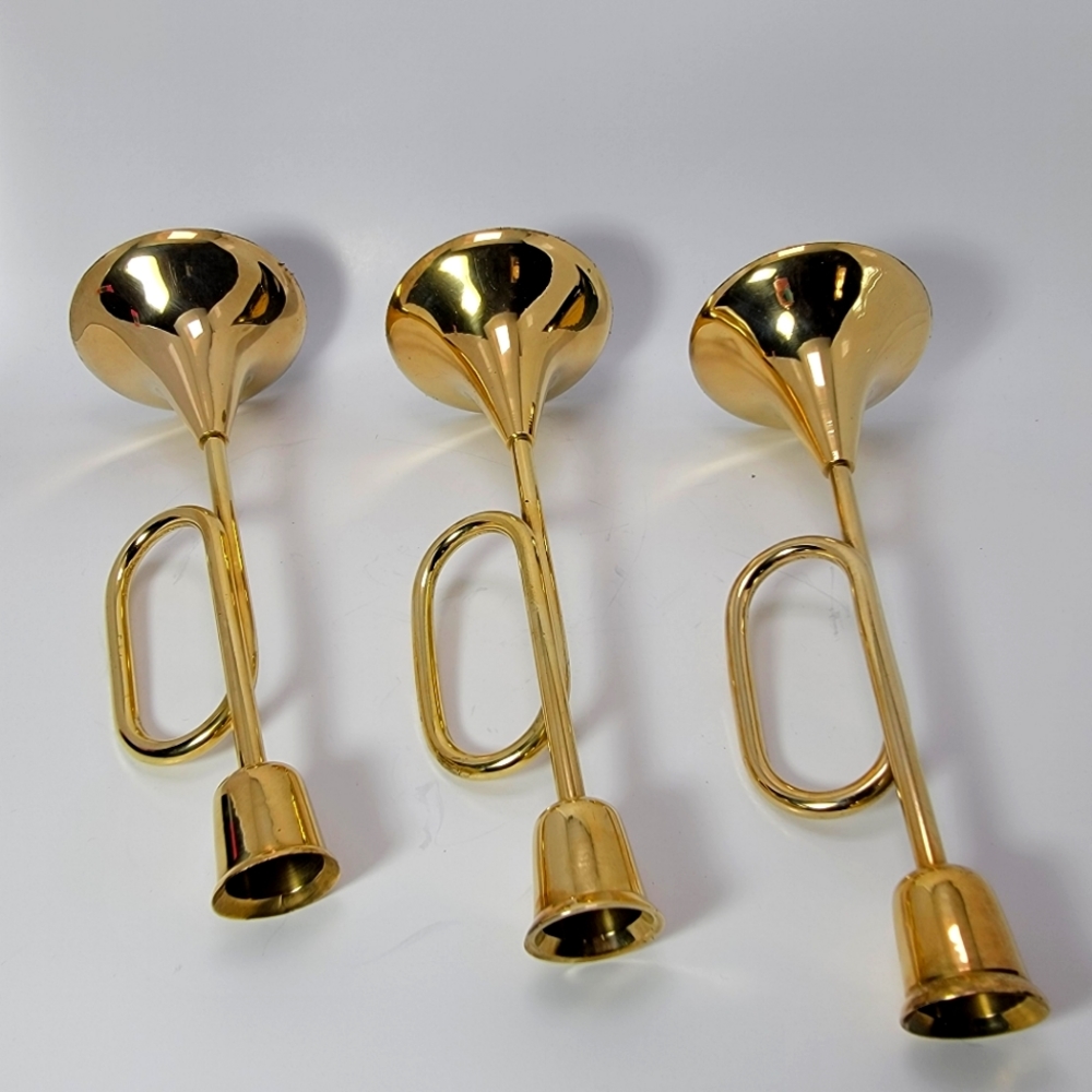 Set of 3 Brass Horn Candlesticks MCM Christmas Vtg - Picture 3 of 5